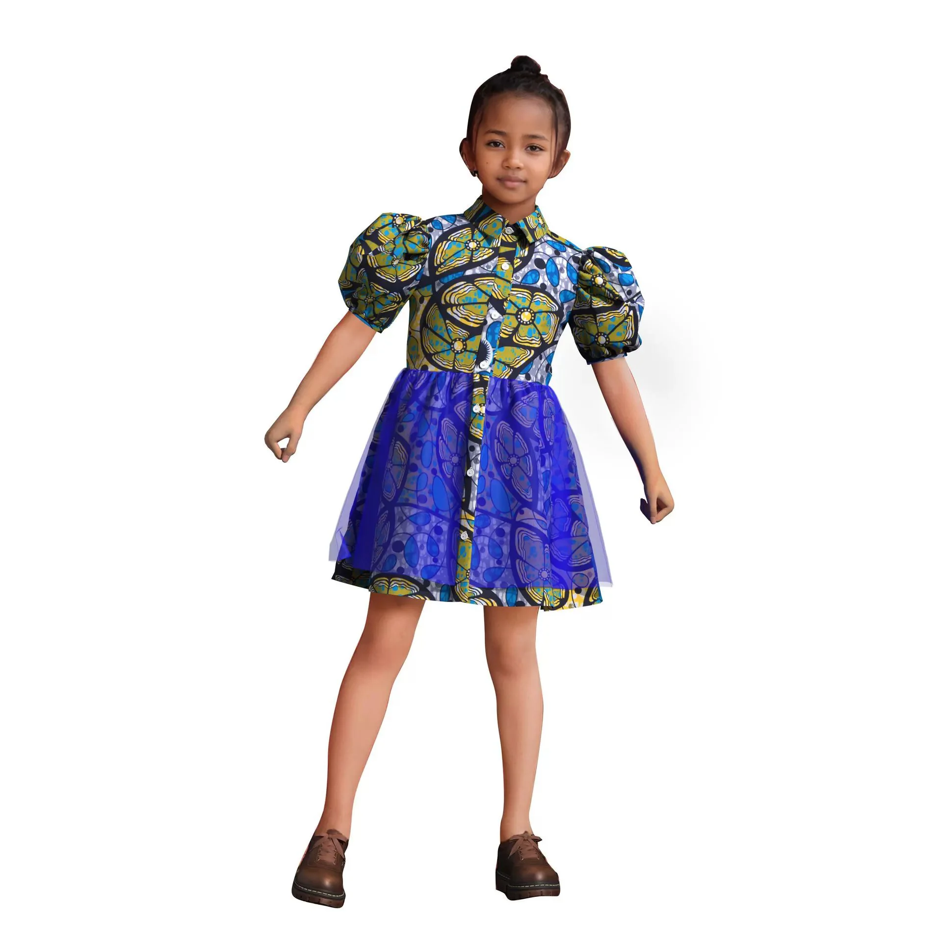 

2025 Summer New Design African Wax Cloth Cotton Girls' Shirt with Flared Sleeves and Flowing Skirt Dress