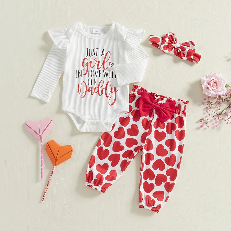 

Baby Girls 3PCS Pants Sets Flying Sleeve O Neck Romper Letter Heart Print Pants Headband Sets