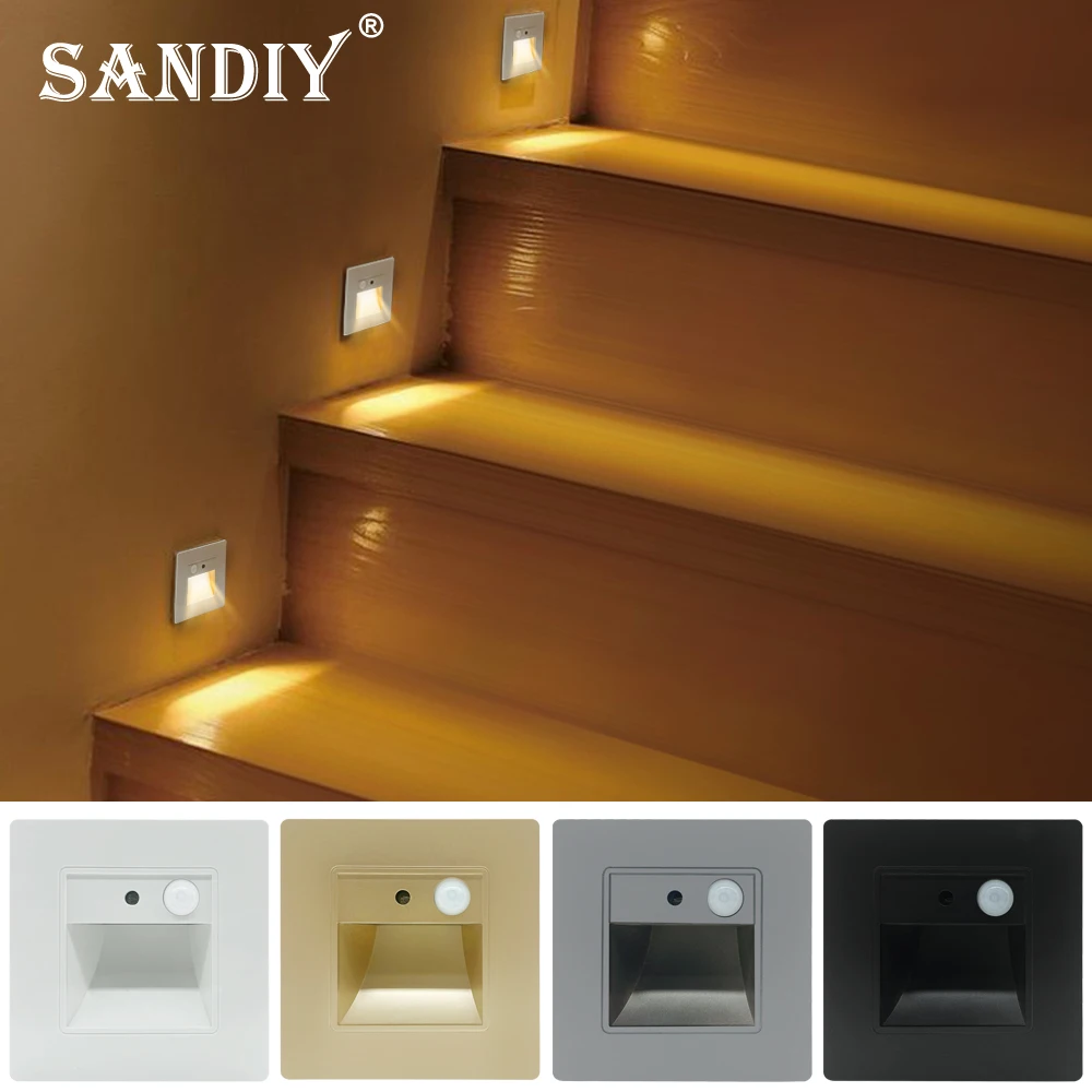 SANDIY LED Night Lamp Sensor Stair Light Wall Light Recessed PIR Motion Detector Footlight para Escada Foyer Quarto 2W/3W Casa Inteligente