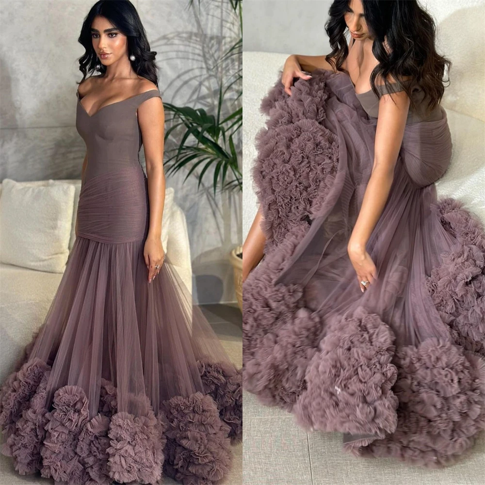 Customized Exquisite Off-the-shoulder Mermaid Celebrity Flowers Fold Chiffon Occasion Evening Gown robes de cocktail
