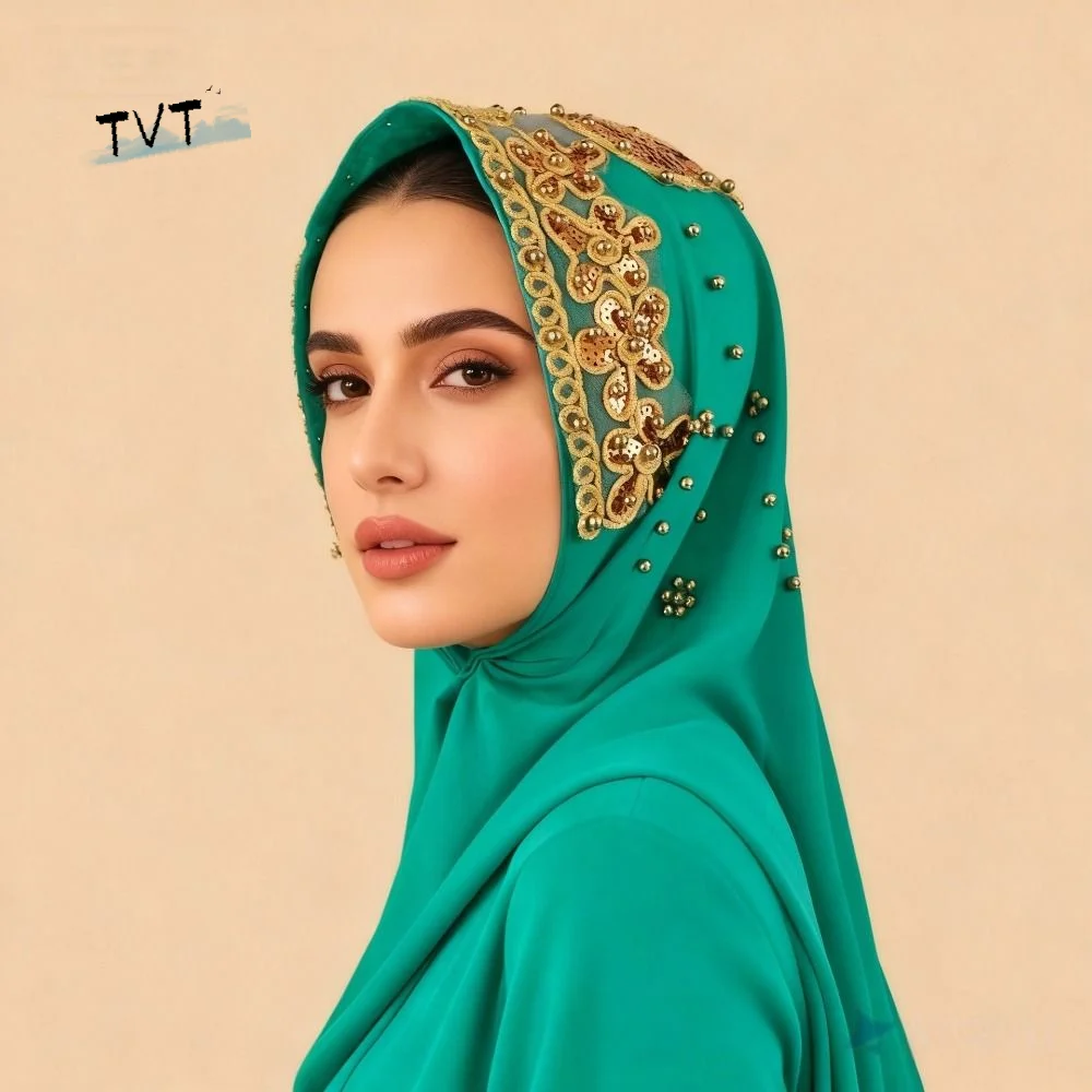 

Elegant Silk Pearl Chiffon Hijab Scarf Long Embroidery Women Headscarf Glitters Wide Sequin Wraps Shawl Beach