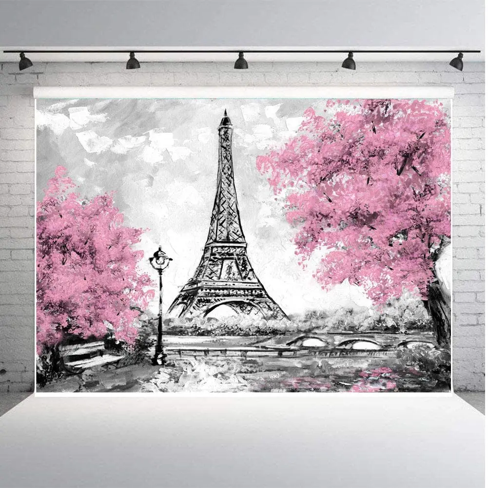 

Pink Flowers Trees Eiffel Tower Photography Backdrop Gray Paris Photo Studio Props Banner Wedding Theme Party Background Vinyl