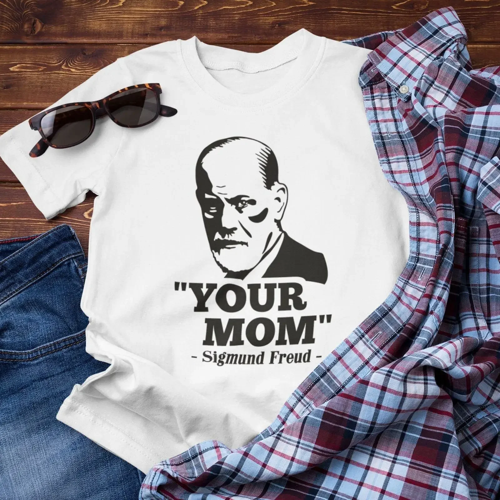 May include White t shirt with a black and image of Sigmund Freud the text YOUR MOM vintage Washed Soft Versatile streetwear