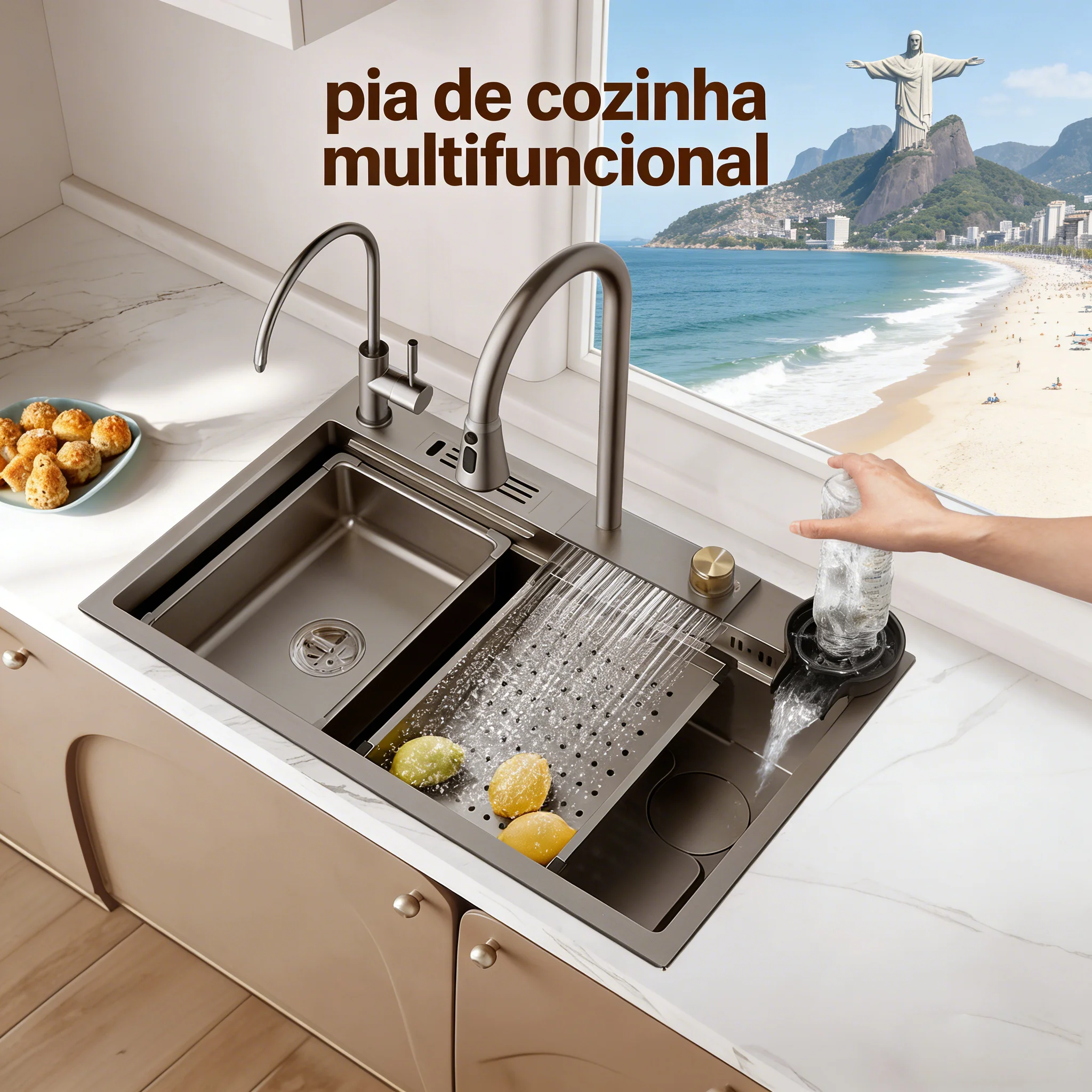 Pia de Cozinha em Aço Inoxidável 304 com Nano Revestimento Antifouling, Torneira Cascata de Alta Pressão, Pia Multifuncional Artesanal de Cuba Única