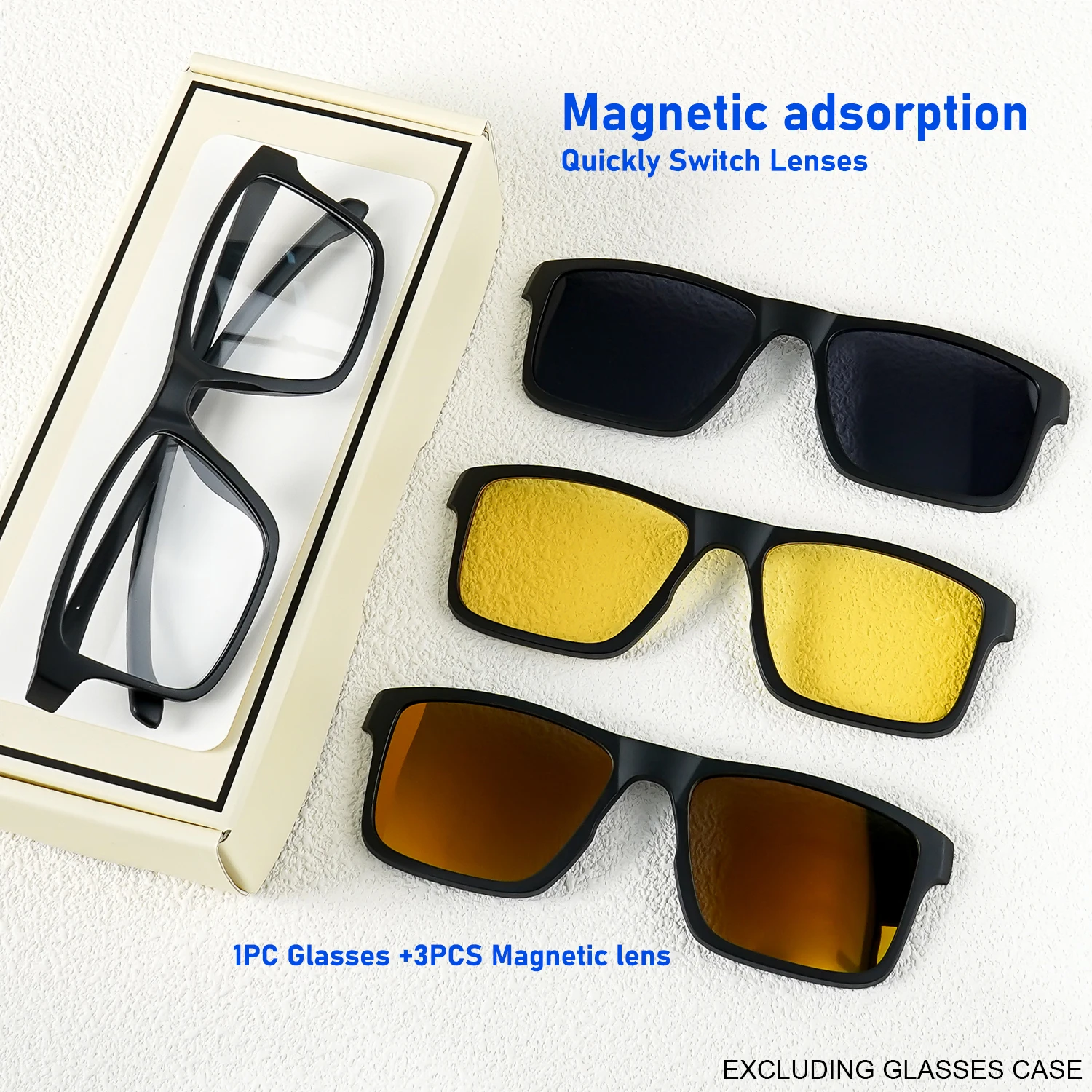 Magnetic Clip On Glasses for Men Women 3 Pairs Polarized Sunglasses Lenses Square Eyeglasses Frame Quick Swap Magnetic Lens Set