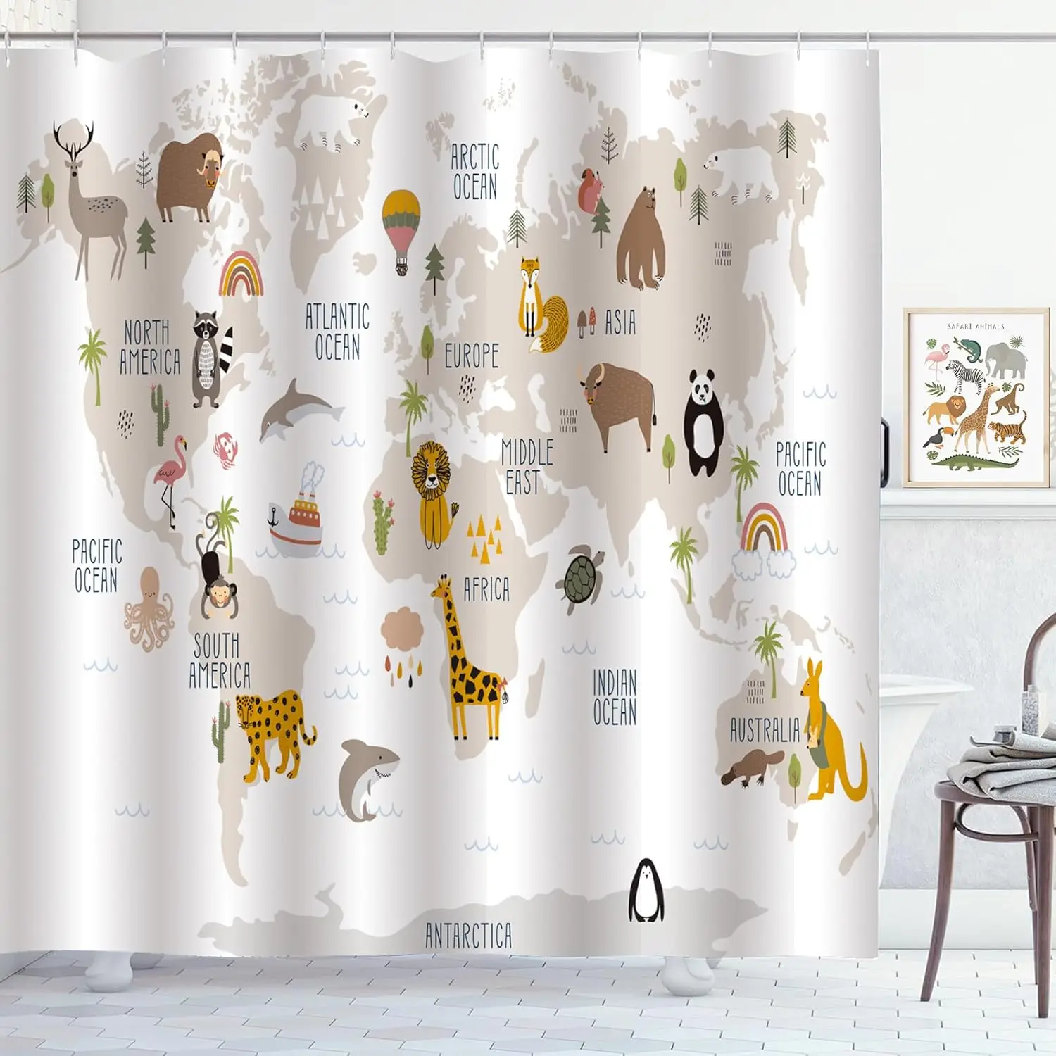Kids World Map Shower Curtain with Cartoon Animal Pattern, Educational Waterproof Polyester Fabric for Children's Bathroom Decor