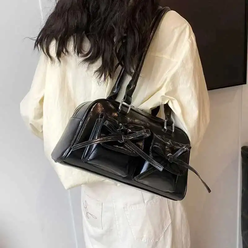 لطيف ربطة القوس فيونكة تصميم تحت الإبط حقائب للنساء Y2K الكورية حقائب اليد والمحافظ بو الجلود القوس حقيبة كتف كيس مصمم