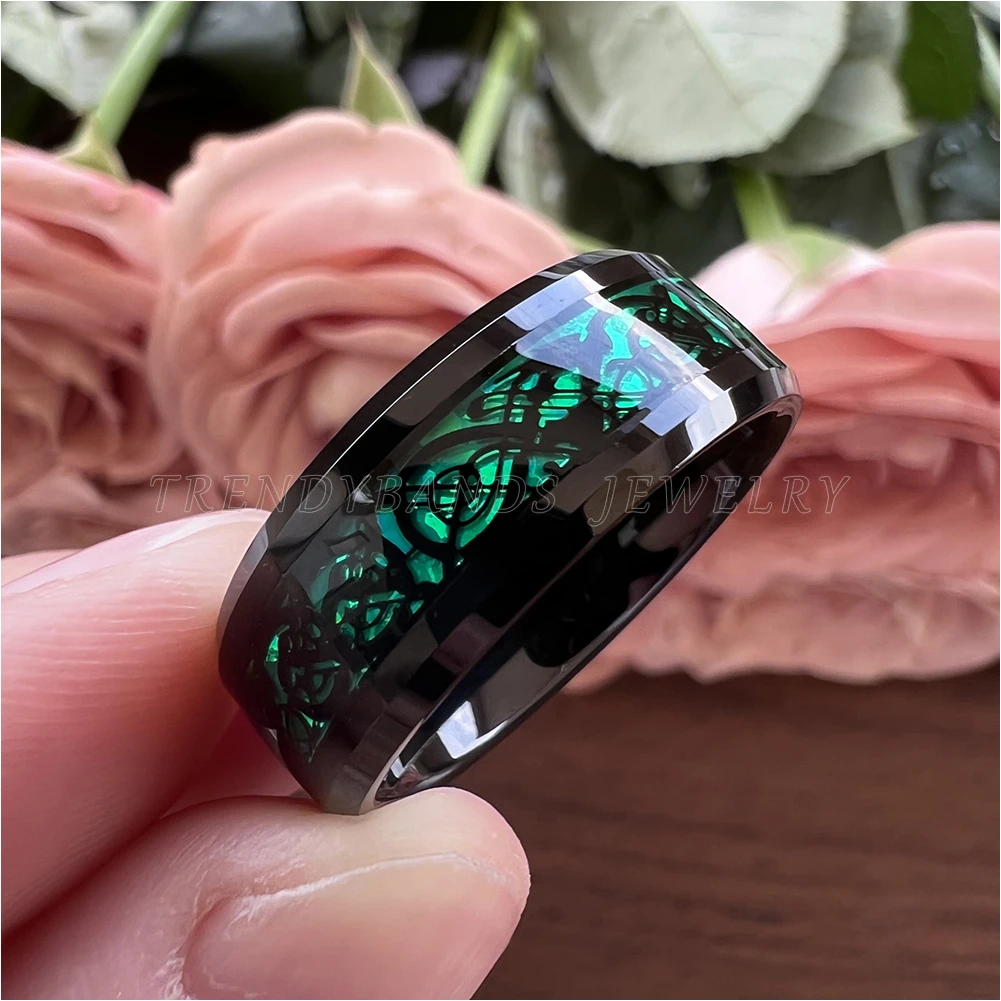 6 mm 8 mm Eheringe für Herren und Damen, schwarzer Wolframring mit grünem Opal und schwarzem Drachen-Inlay, bequeme Passform – Detail 3