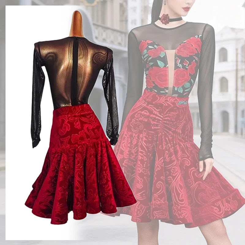 Red Black Latin Dance Suit For Women Mesh Sleeve Bodysuit Velvet Skirt Professional Dancing Outfit Adult Latin Practice Set 5077