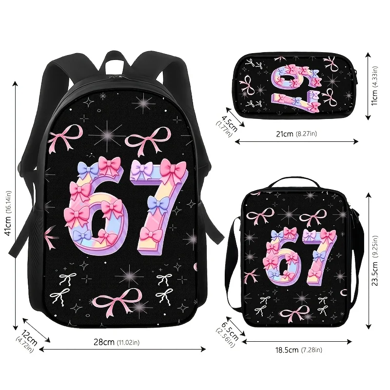 1pc/2pcs/3pcs Black Backpack, Lunch Bag, and Pouch with Pink Bow & Number '67' 2D Print, Starry Background; Sweet, Glamorous
