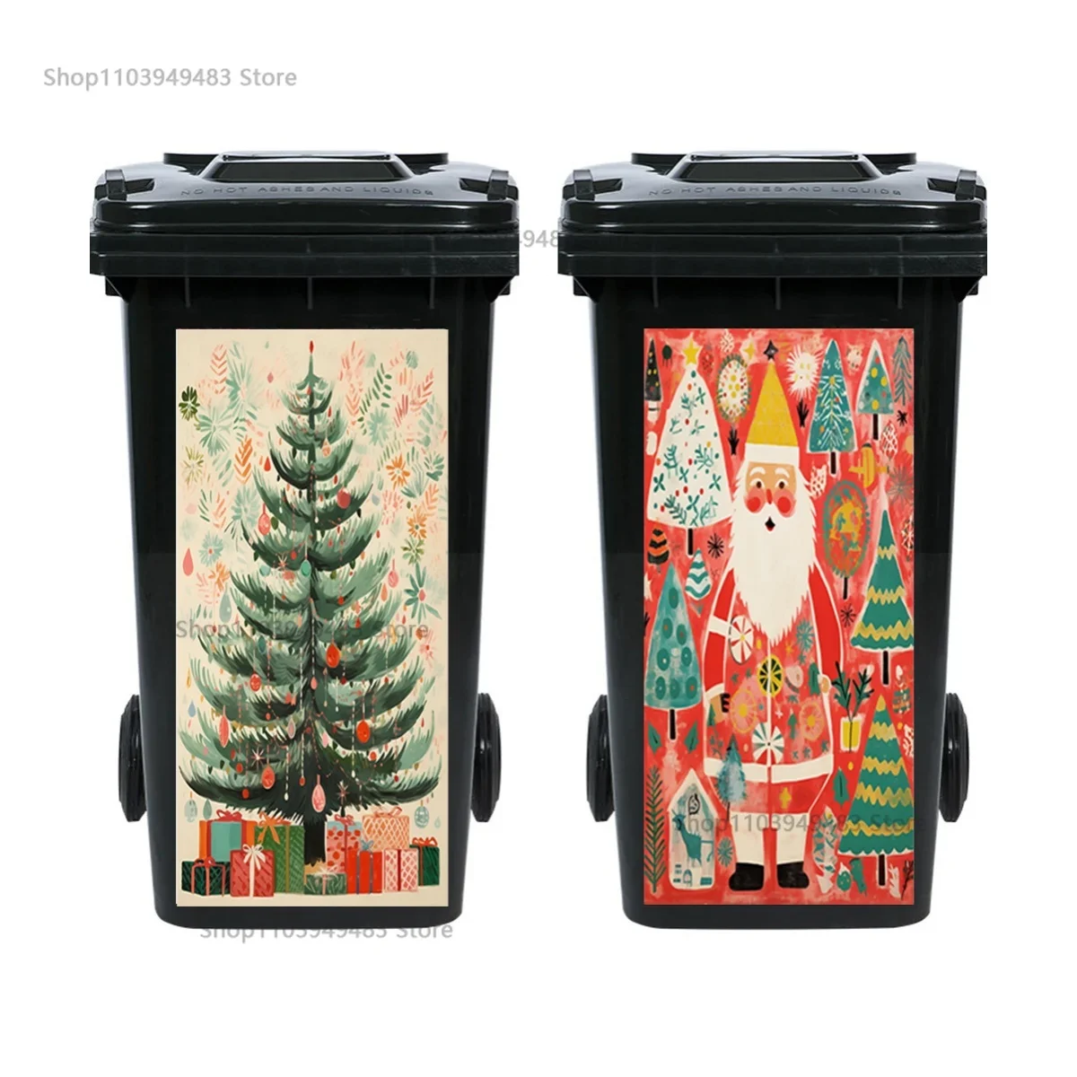 Árbol de Navidad cubo de basura Santa Claus Mural pegatinas de cubo de basura con ruedas contenedores de basura cubierta de renovación calcomanías impermeables de PVC