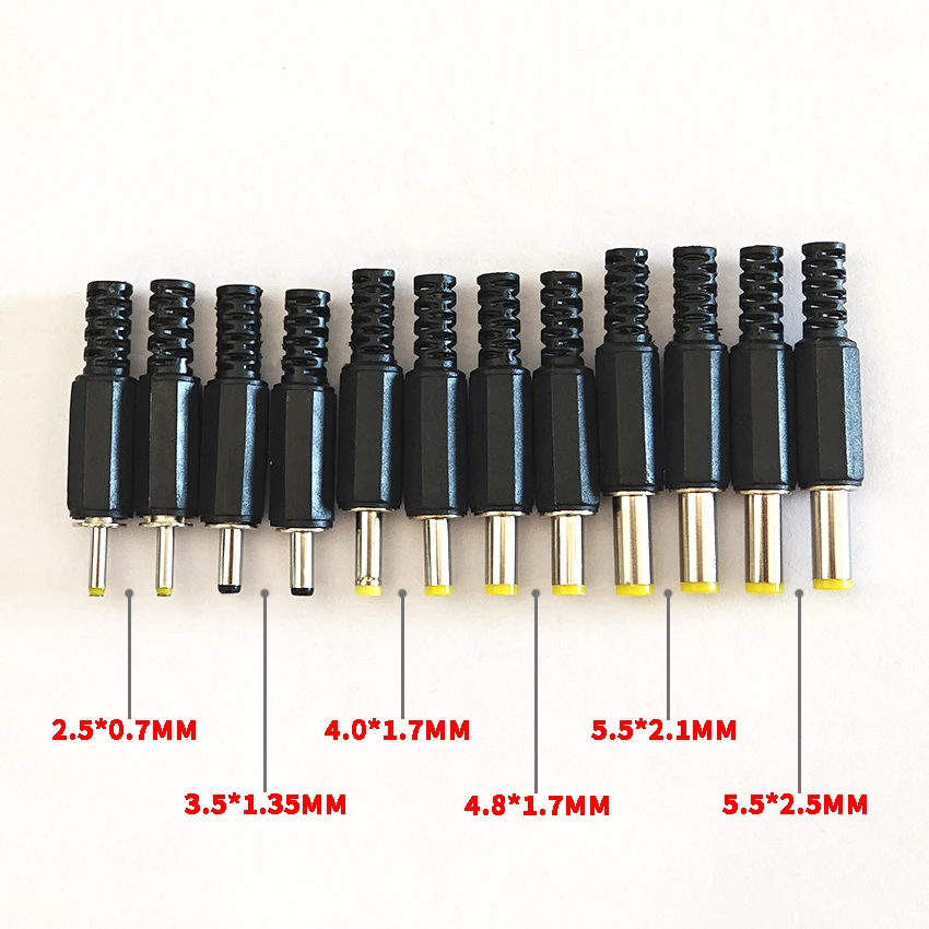 

2pcs 2.5x0.7mm 3.5*1.35mm 4.0*1.7MM 4.8X1.7mm 5.5*2.1/2.5mm DC Power Plugs Male Barrel Connectors Black 12V 2.5A
