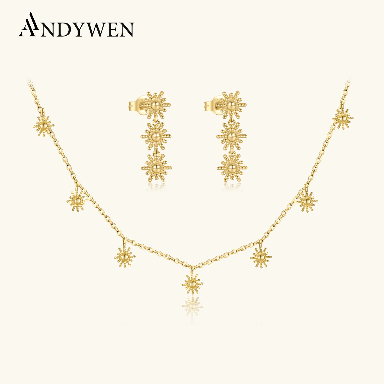 ANDYWEN 925 Sterling Silver Gold Sun Flower Drop Earring Pendant Long Necklace Jewelry Set Luxury Wedding Fine Women Gift