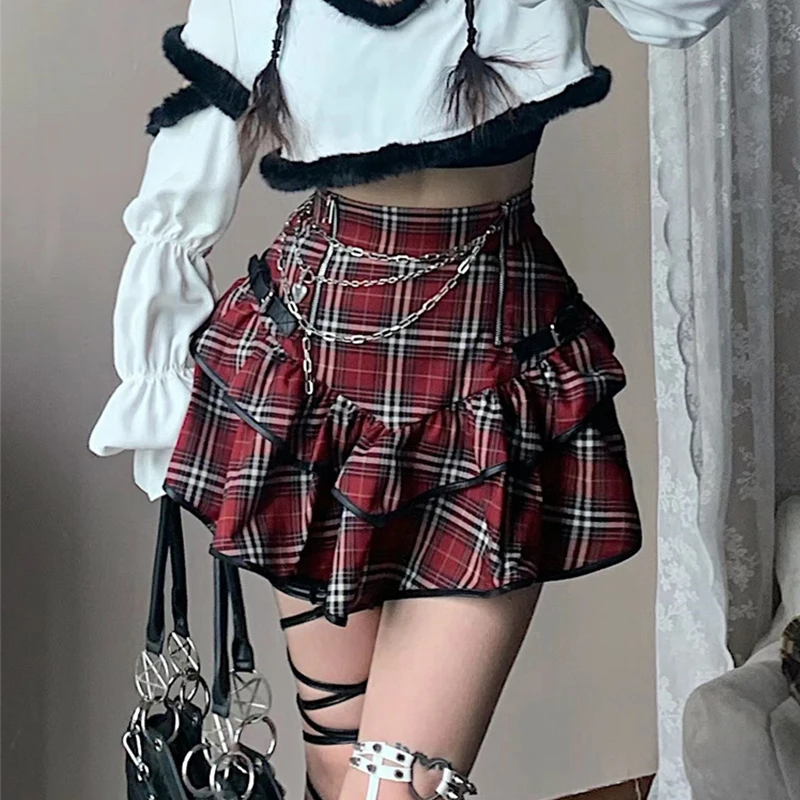 AltGoth Punk Gothic Red Plaid Skirt Women Vintage Y2k E-girl Emo Alt High Waist Cake Skirt Harajuku Fairycore Grunge Clubwear image 2