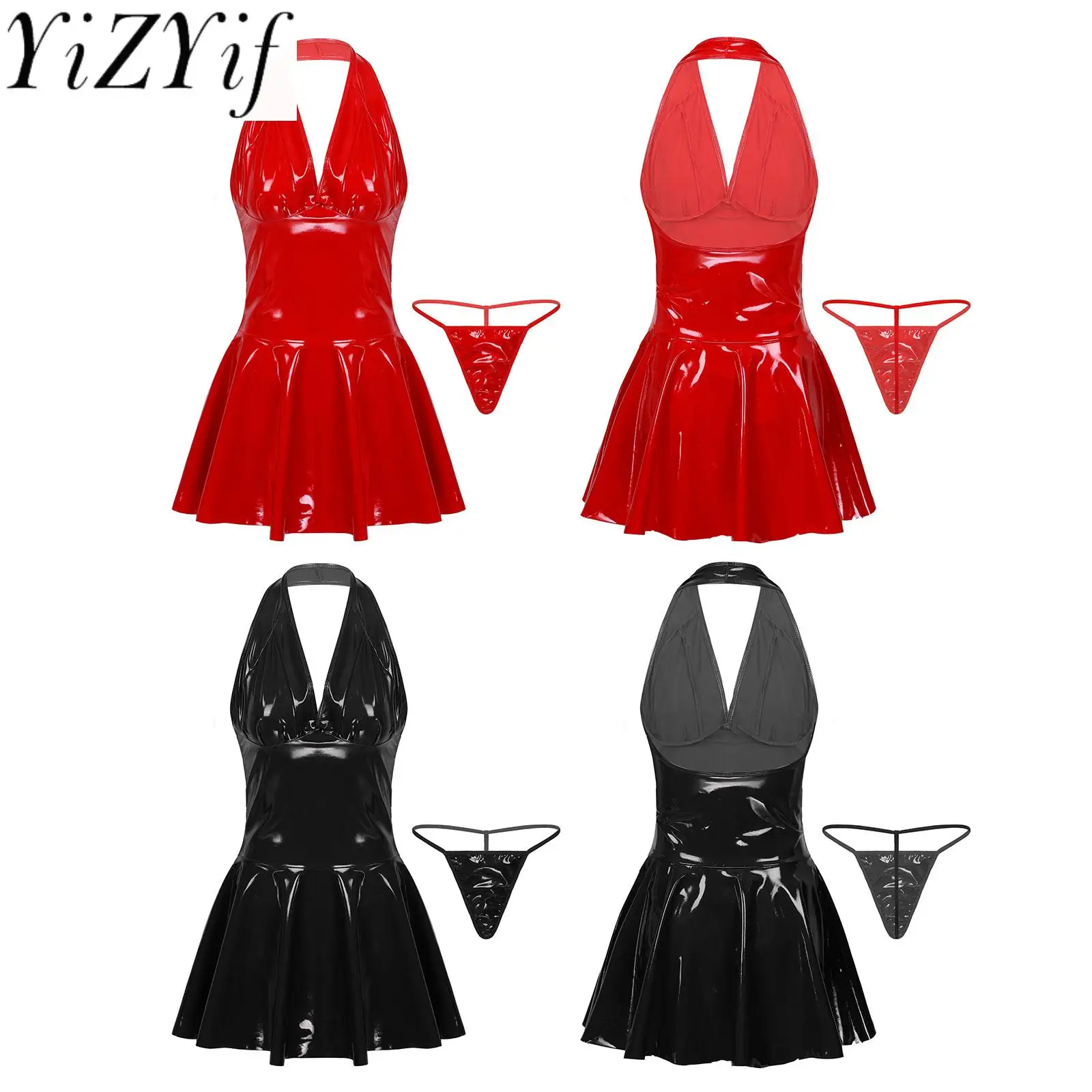 

Womens Faux Leather Latex Pleated Dress Fashion Clubwear Sexy Halter Sleeveless Backless Dress Nightclub Rave Performance Dress