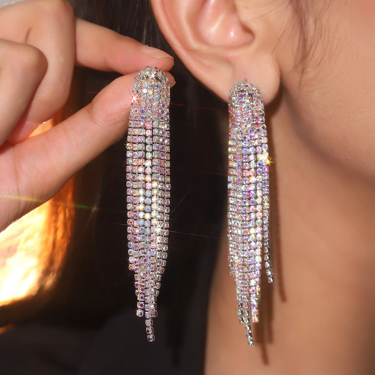 Fashion Tassel Rhinestone Earrings Silver Rhinestone Crystal Bridal Chandelier Long Tassels Dangle Earrings for Wedding