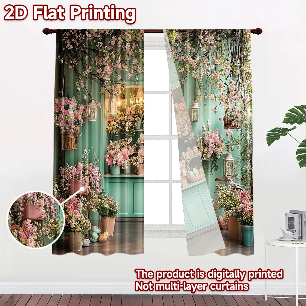 2D flat 2pcs Curtain Vintage drapes and curtains Easter Flower Bicycle Corner Digitally printed polyester Party Decorations for