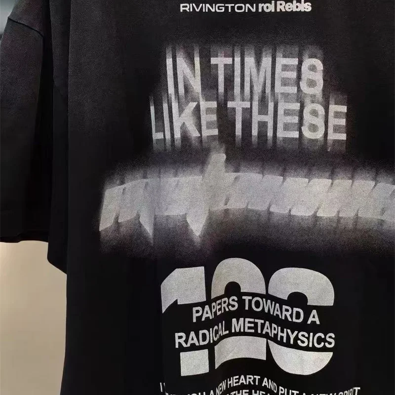 Men's Women's Oversized Cotton Patterned Print RRR123 T-Shirt High Street Summer Vintage Washed Black Short Sleeve Tops