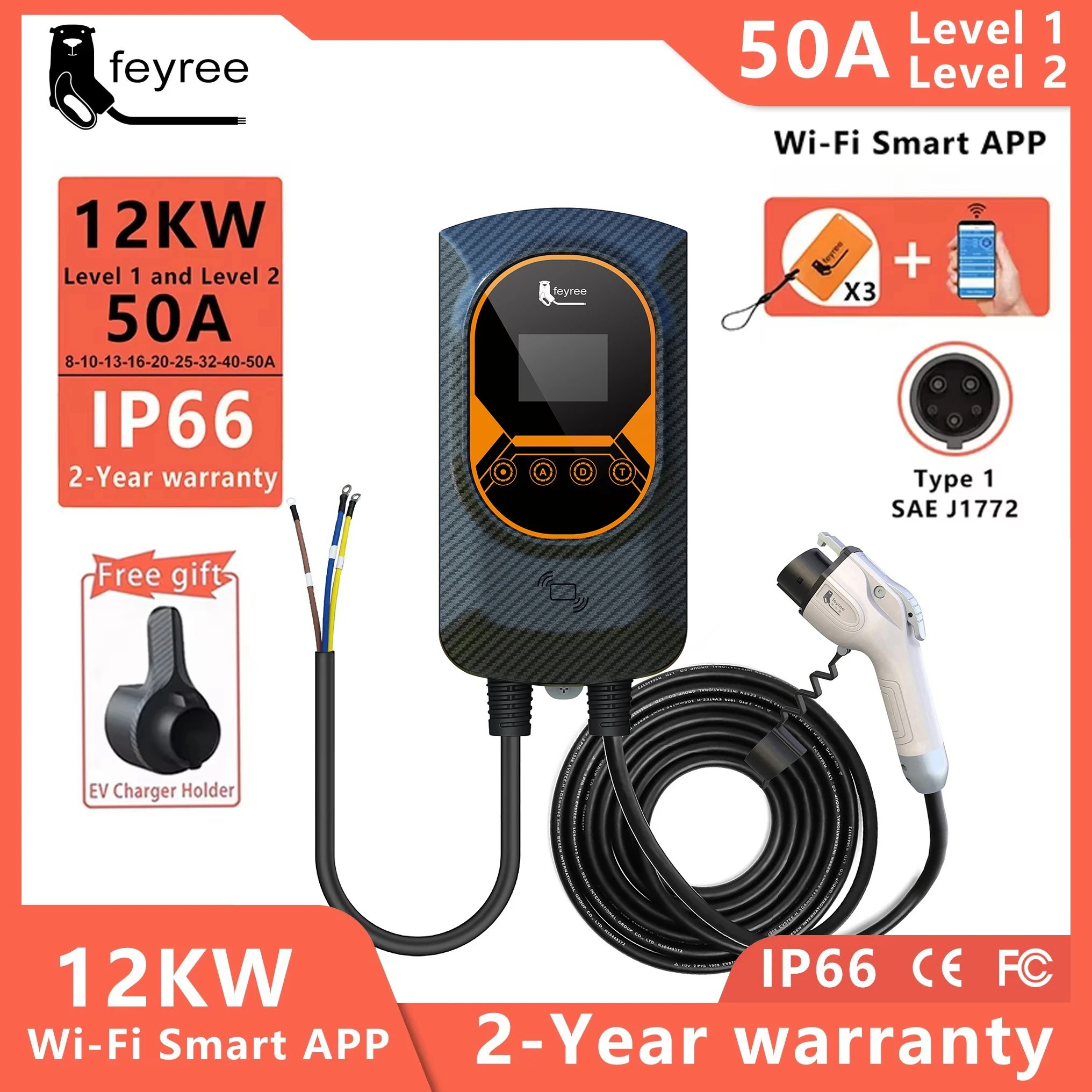 feyree EV Charger Type1 EVSE Wallbox 32A 7.6KW 40A 9.6KW 50A 12KW 1 fase j1772 Adattatore APP di controllo per auto elettriche