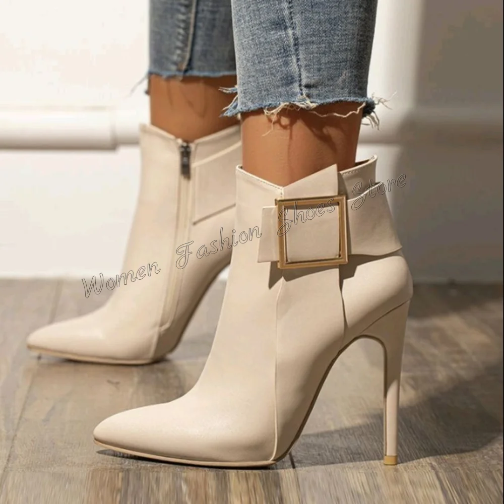 

White Side Zipper Buckle Decor Boots Stilettos High Heels Pointed Toe High Heel Shoes for Women Heels 2024 New Zapatos Para Muje