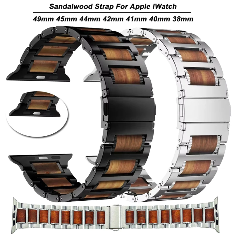Wooden Sandalwood Strap For Apple Watch Series Ultra 2 10 9 8 7 6 SE For IWatch 46mm 49mm 42mm 44mm 41 45mm Stainless Steel Band