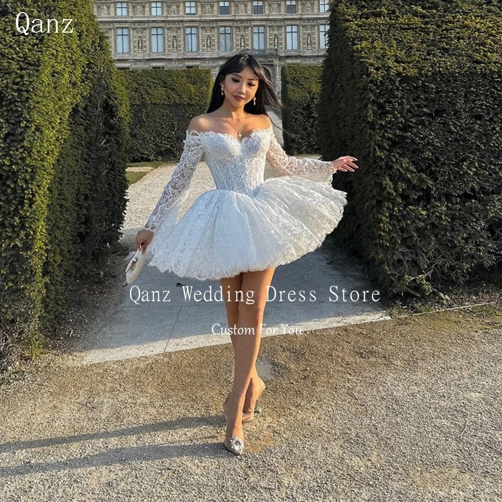 Qanz-Robe de mariée courte bohème à manches longues, appliques en dentelle, robes de soirée A-ligne, dos corset, mini patients, quoi que ce soit pour les femmes