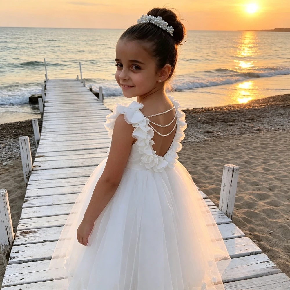 Customized Backless Round Neck Pleated Wedding Dresses 2026 Flower Girl Chiffon with Pearl Back Floor Skirt Suitable for Beach
