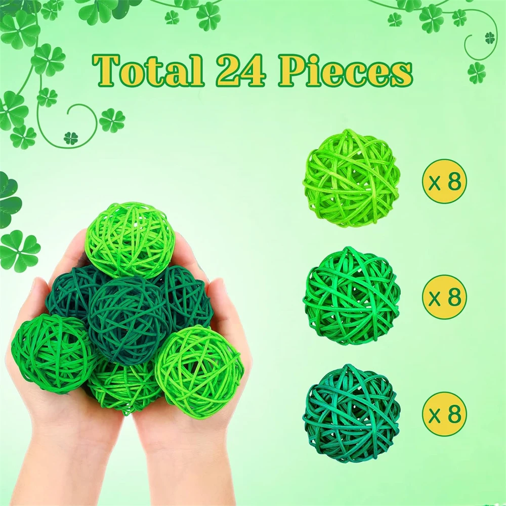 24Pcs St Patricks Day Green Rattan Balls Wicker Hollow Out Holiday DIY Craft Table Ball and Bowl Centerpiece Home Decor