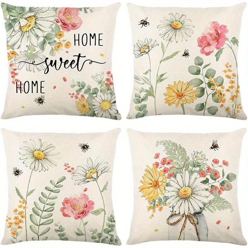 Home Decor Floral Home Sweet Home with Bees Pillowcase Pattern Cushion Cover Suitable for Sofa Bedroom Car Pillow Cover