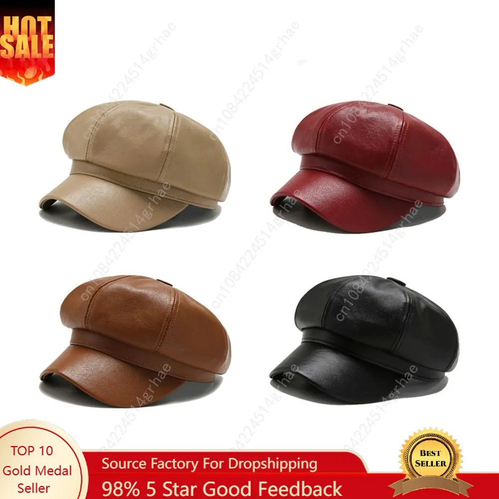 

1pc Retro Fashion Women's Pu Leather Octagonal Hat Versatile Autumn And Winter Temperament Big Head Circumference Beret