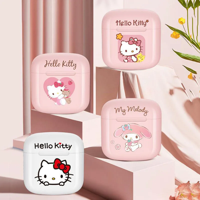 

Sanrio Kawaii Mymelody Hellokitty Wireless Bluetooth Headset 5.0Tws Charging Movement Half In Ear Square Cartoon Headset