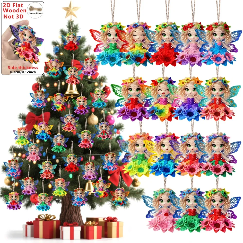

2D Flat, 16pcs Christmas Butterfly Elf Wooden Pendants Colorful Petal Girl Ornaments with Hanging Loop for Home Decor
