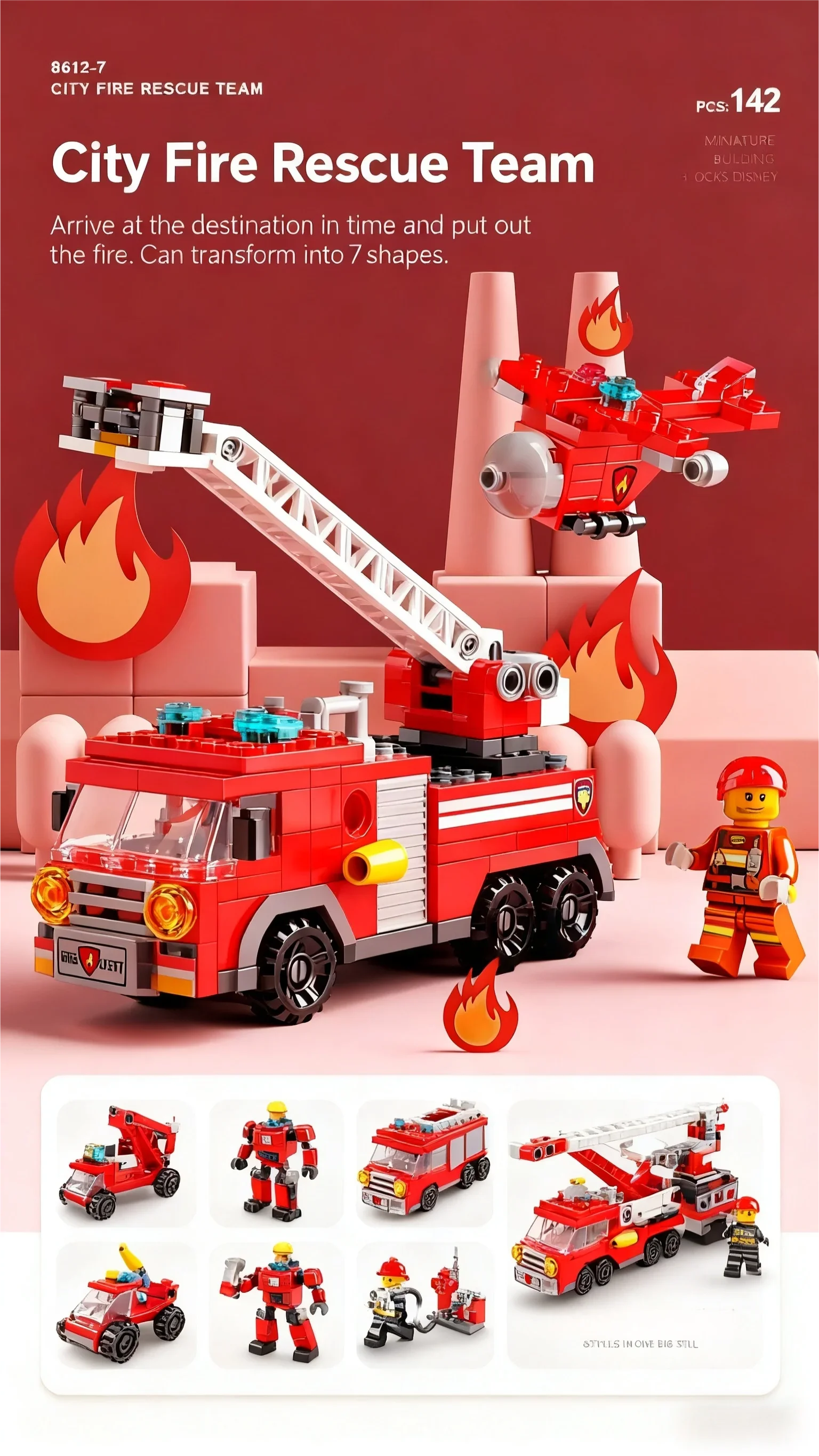 6-in-1 Mega-Stadt-Baukasten - Polizeiauto, Feuerwehrauto, Kran, Panzer, Hubschrauber & Mehr, Bauingenieur-Spielzeug Geschenk – Detail 6