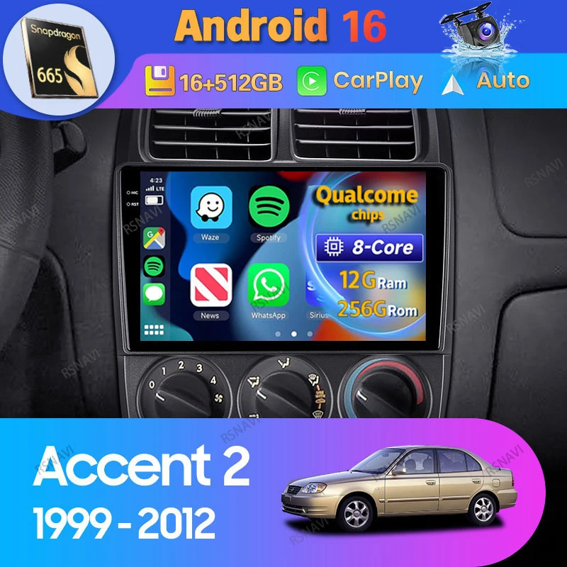 Android 16 Carplay Auto For Hyundai Accent II 2 LC2 1999 - 2012 Car Radio 2Din Player Head Unit WIFI+4G Stereo Multimedia Video