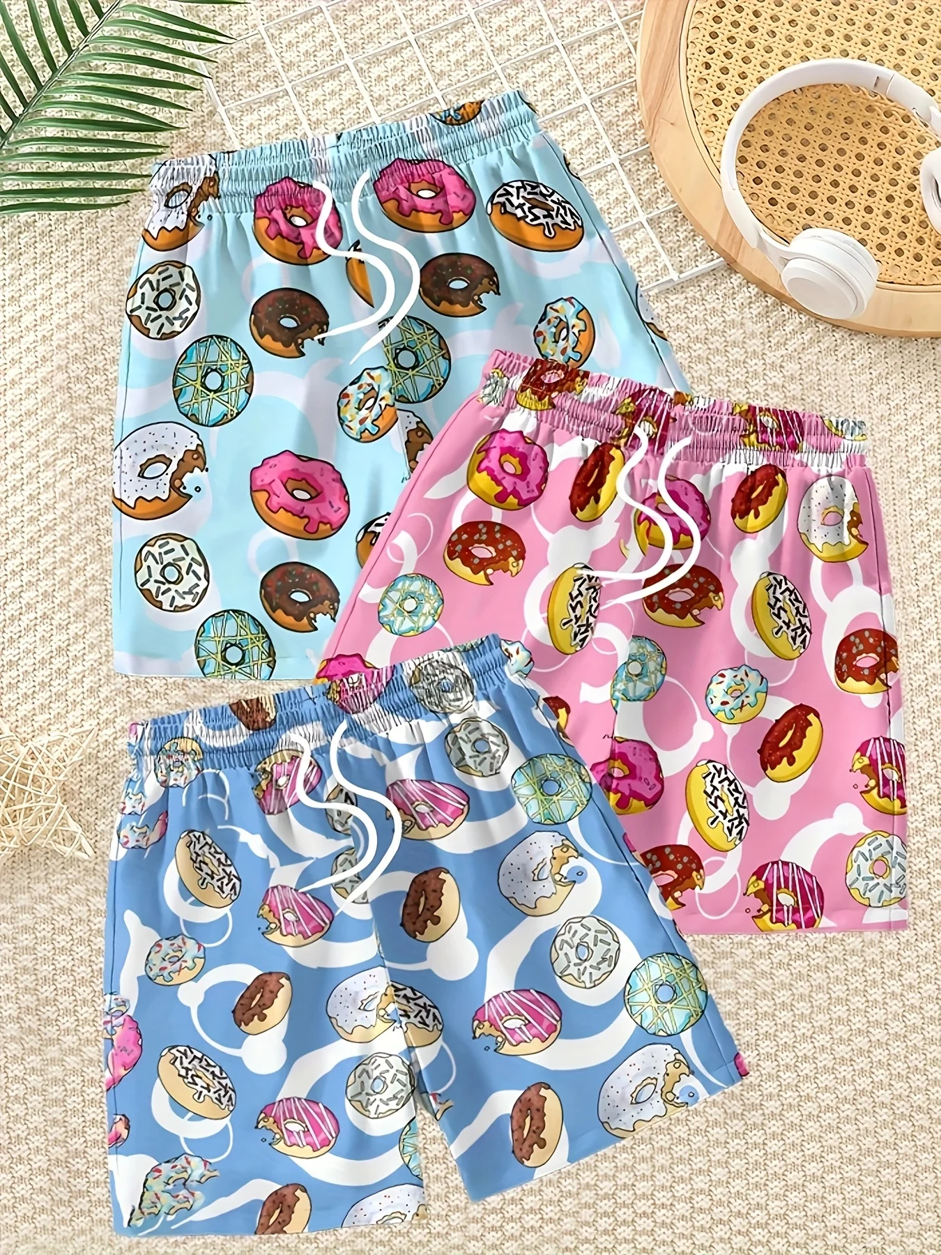 2026 Summer Cartoon Donut Print Shorts for Girls, Children, and Adults - Cute Dessert Style, Home Wear, Pajama, Beach Shorts