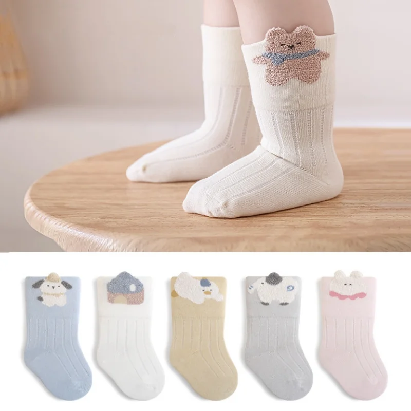 3 Pairs/set Baby Cotton Socks Autumn Children Loose-fitting Socks Korean Cartoon Bear Infant Stripe Socks For Girls Boys 0-5Yrs