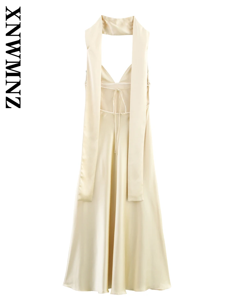XNWMNZ 2025 ฤดูร้อนแฟชั่นสายคล้องไหล่บางแขนกุดBacklessซาตินMidiชุดเซ็กซี่เก๋ผู้หญิงไหล่ชุดTie