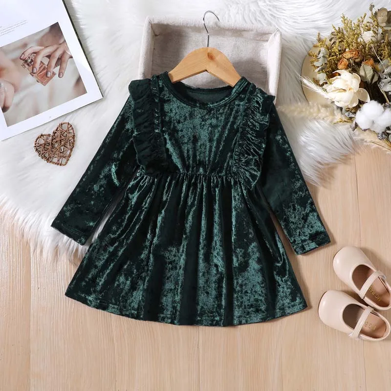 Baby Kid Solid Color Retro Flounce Long Sleeved Dress Coral velvet Girl Princess Child Birthday PARTY DRESS Autumn Winter 1-4T