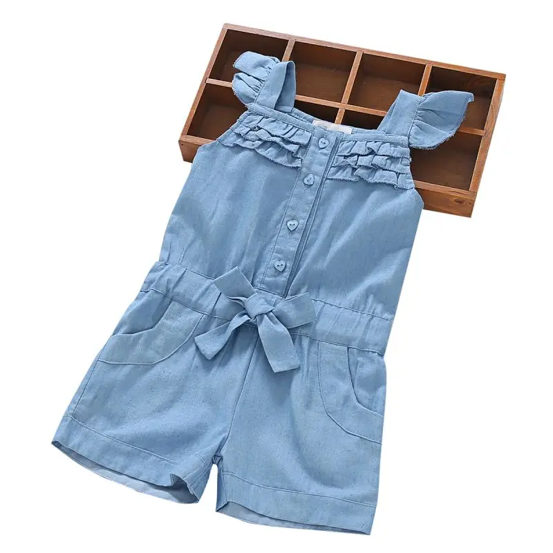 0-5Y Kids Girls Jumpsuit Children Denim Blue Cotton Washed Clothing Rompers Baby Girls Sleeveless Bow Jumpsuit Kids Overalls