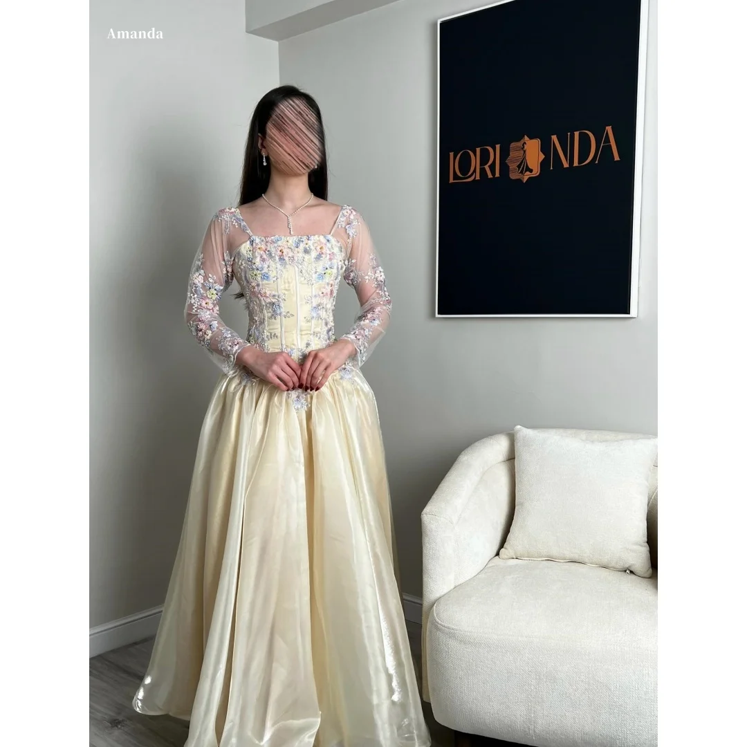 

Вечернее платье Amanda с цветочной вышивкой, прозрачными длинными рукавами, корсетом и блестящим атласом, для выпускного бала