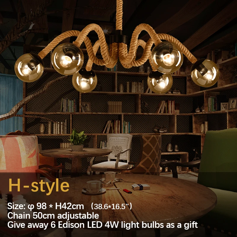 BERTH American Style Retrohemp Rope Chandelier Nostalgic Loft Industrial Style Internet Cafe Restaurant Hot Pot Shop Pendant