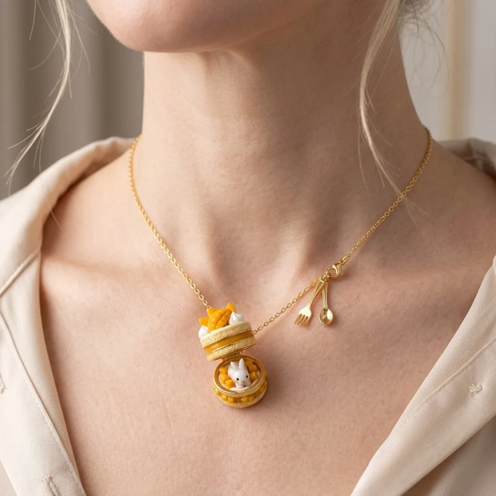 Cute 3D Openable Fruit Cake Locket Pendant Necklace Creative Rabbit Fork Spoon Charm Choker Jewelry for Women Kids Gifts