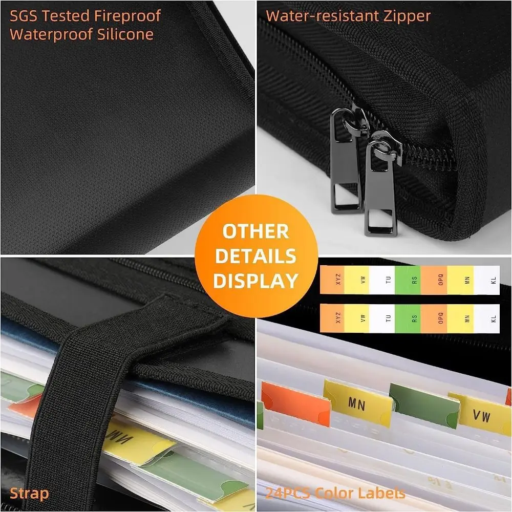 

Fireproof Expanding File Folder Zipper Closure Waterproof Document Bag with Labels Multi Pockets Portable A4 Files Briefcase