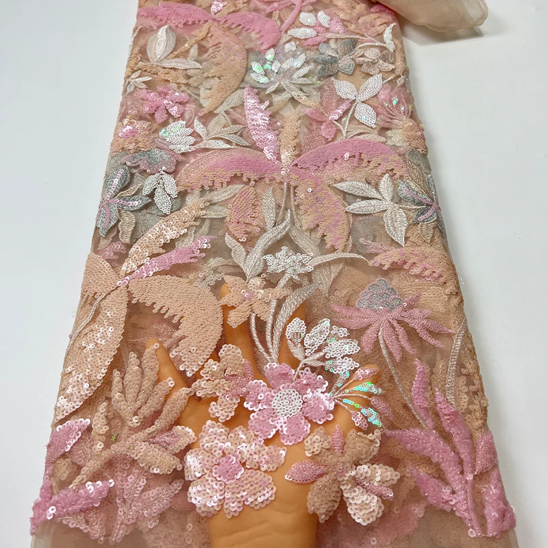 French luxurious lace fabric, African flower coconut tree sequin embroidery fabric, sewing fabric, high quality