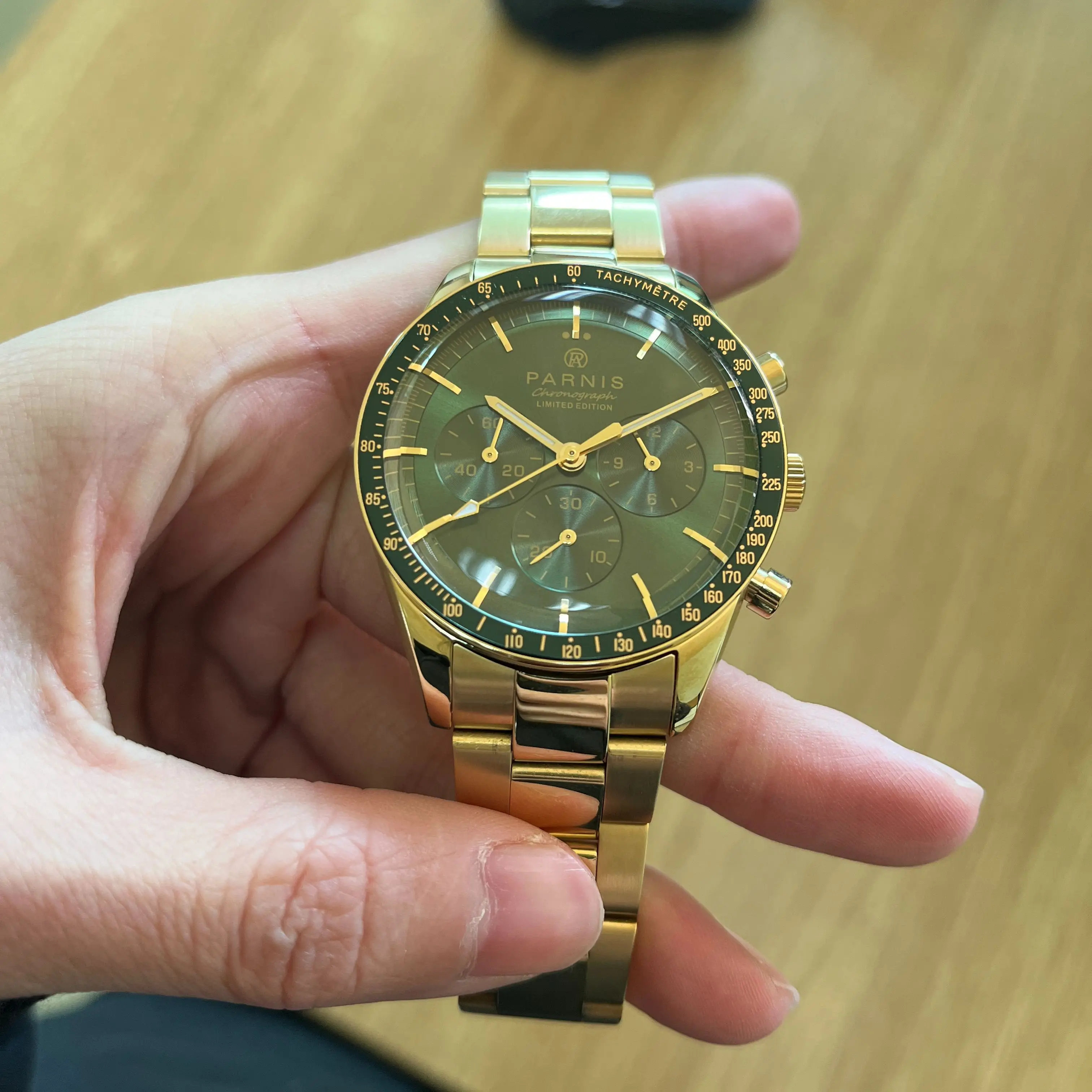 Top Luxury Parnis 40mm Green Dial New Quartz Men\'s Chronograph Gold Watch Stainless Steel Bracelet Men Sports Watches 2023 Gift