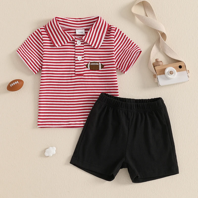 

Summer Baby Toddler Boy Clothes Set Short Sleeve Stripe Football Embroidery T-Shirt Elastic Waist Shorts 2 Piece Outfits