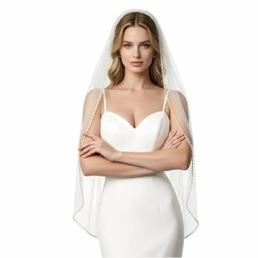 

Wedding Veil Pearls and Crystals Beaded Edge 1 Tier Fingertip Length Bridal Veil