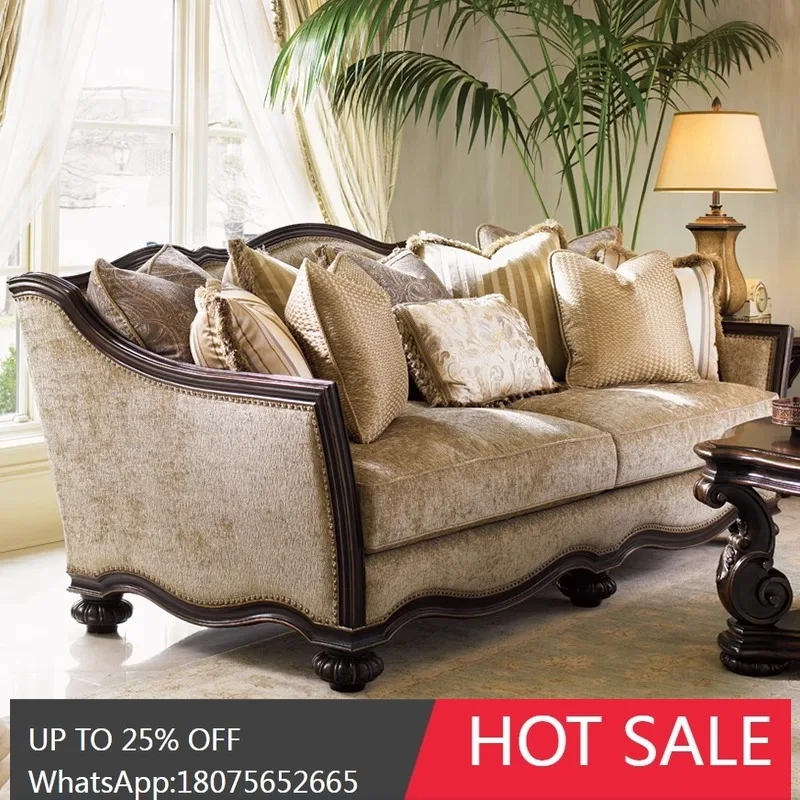 

SGF American Retro Style Solid Wood Carved Fabric Sofa French Straight Row