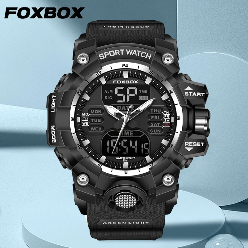 FOXBOX Fashion Electronic Man Watch Outdoor Waterproof LED Light Casual Sport Dual Digital Display Alarm Week Date Stopwatch+Box