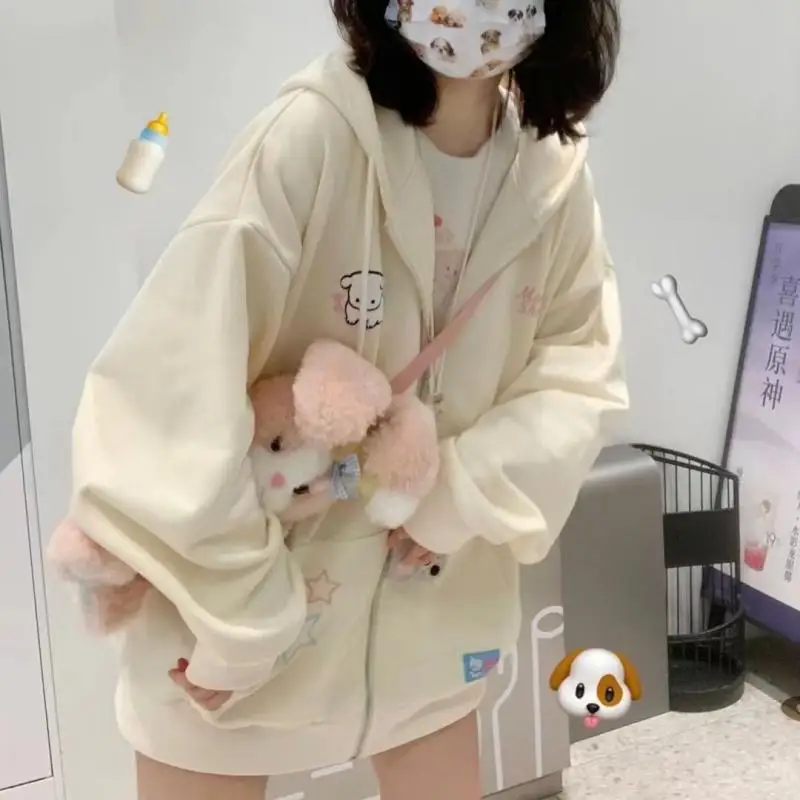 Sudadera con capucha de Anime Sanrios con cremallera Kawaii Pochacco para mujer, sudaderas japonesas Y2K de lana color Beige dulce, chaqueta con capucha de estilo coreano para niñas